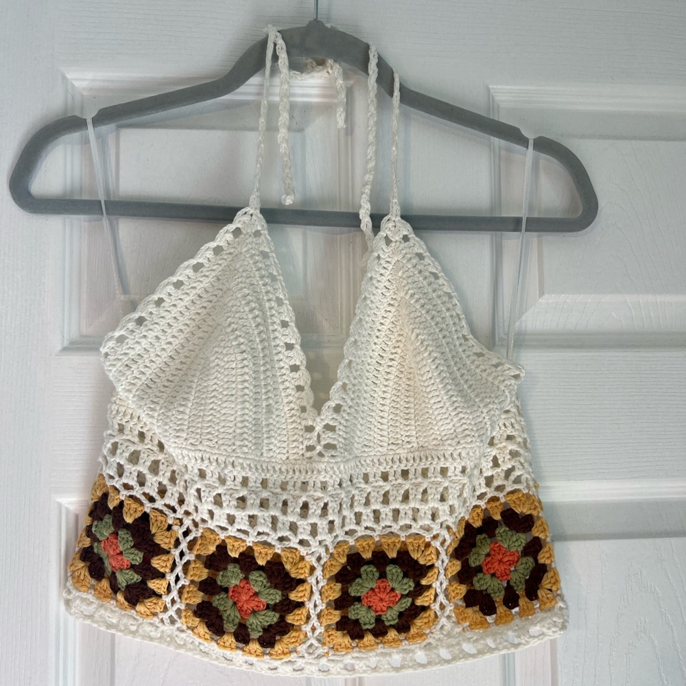 Handmade Crochet Halter Top - White and Multicolor